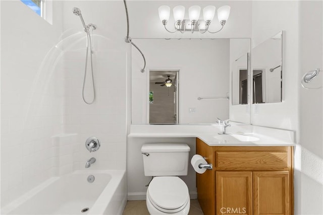 full bathroom featuring toilet, ceiling fan, vanity, and bathtub / shower combination