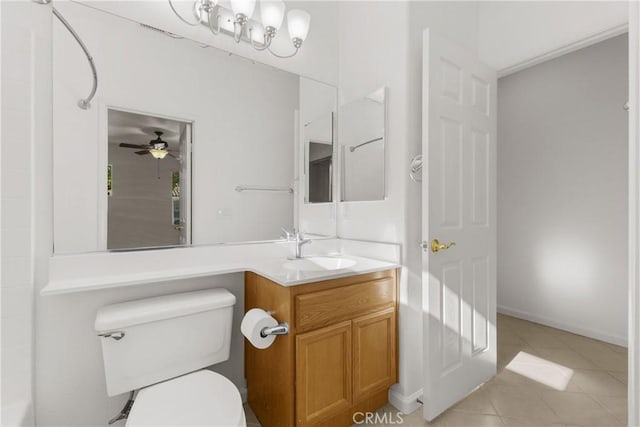 bathroom featuring ceiling fan, vanity, tile patterned flooring, and toilet