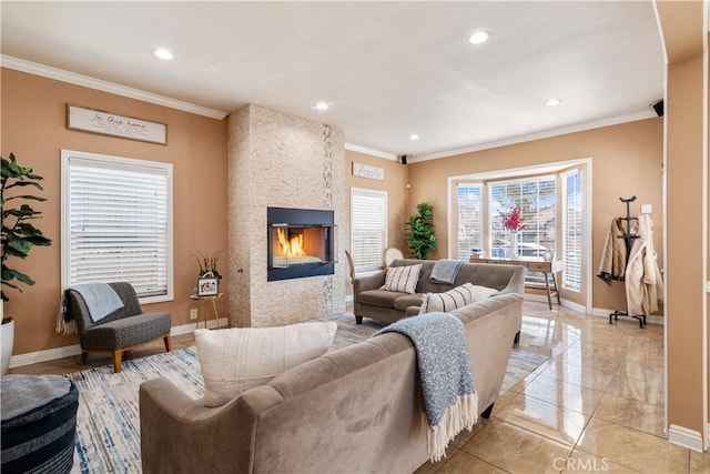 living room featuring crown molding and a fireplace