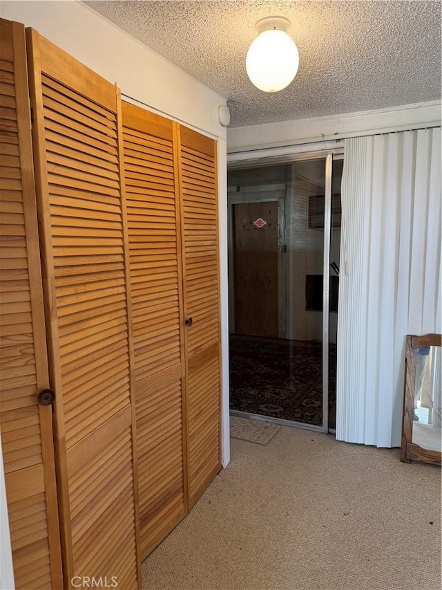 corridor featuring carpet and a textured ceiling