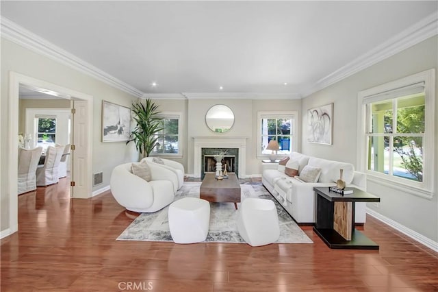 living room featuring crown molding, a fireplace, and dark hardwood / wood-style floors