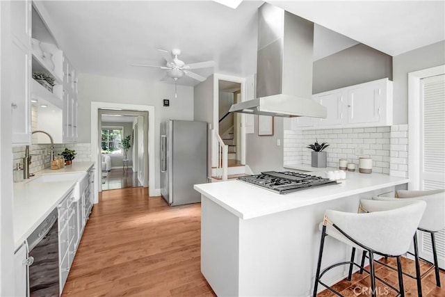 kitchen featuring white cabinetry, island exhaust hood, appliances with stainless steel finishes, decorative backsplash, and sink