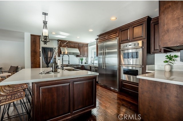 kitchen featuring dark brown cabinets, hanging light fixtures, dark hardwood / wood-style floors, stainless steel appliances, and a kitchen island with sink