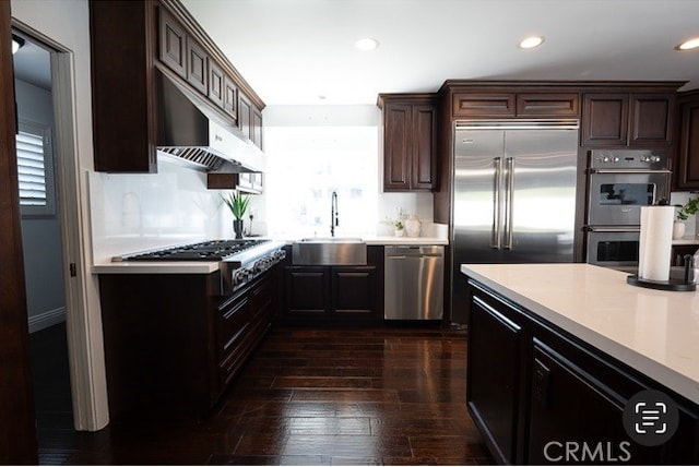 kitchen with appliances with stainless steel finishes, sink, dark brown cabinetry, plenty of natural light, and dark wood-type flooring