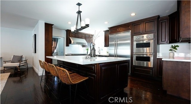 kitchen featuring appliances with stainless steel finishes, decorative light fixtures, dark hardwood / wood-style flooring, and an island with sink