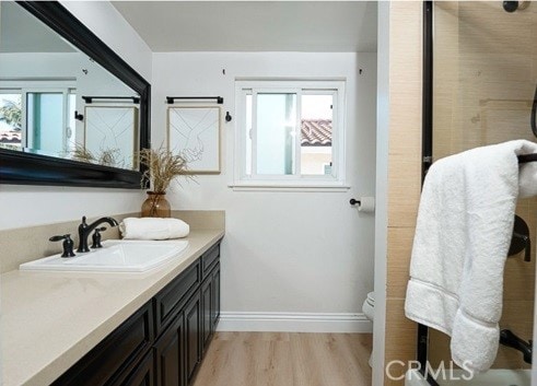 bathroom featuring vanity, hardwood / wood-style flooring, and toilet