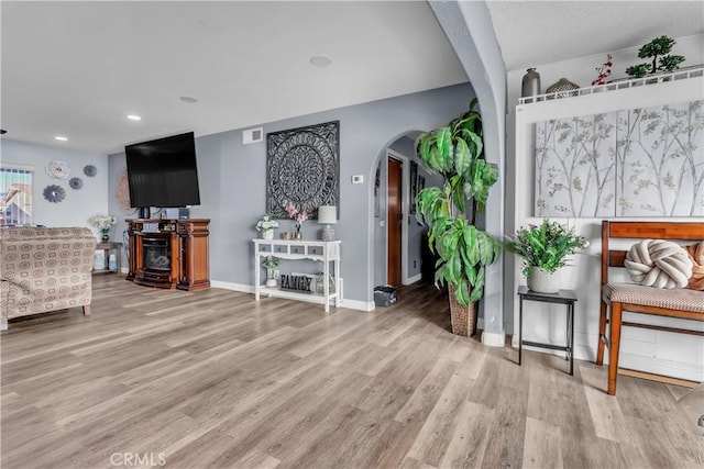 living room with light wood-type flooring and a wood stove