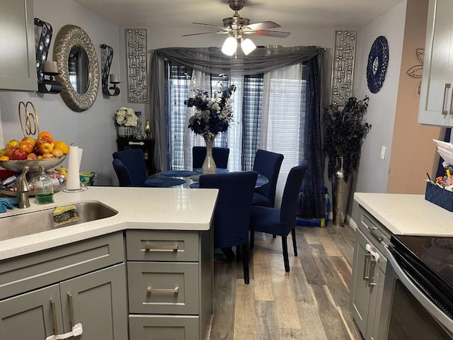 kitchen with sink, a wealth of natural light, gray cabinets, and wood-type flooring