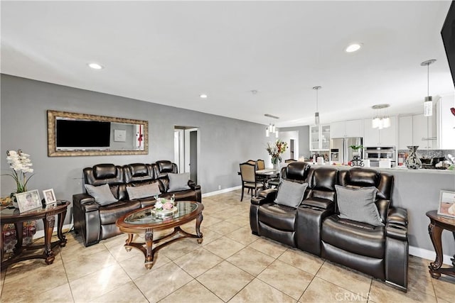 living room with light tile patterned flooring