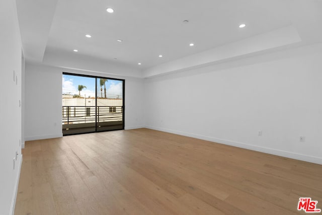 spare room featuring light wood-type flooring and a tray ceiling