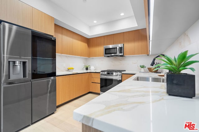 kitchen with light hardwood / wood-style floors, sink, backsplash, and stainless steel appliances