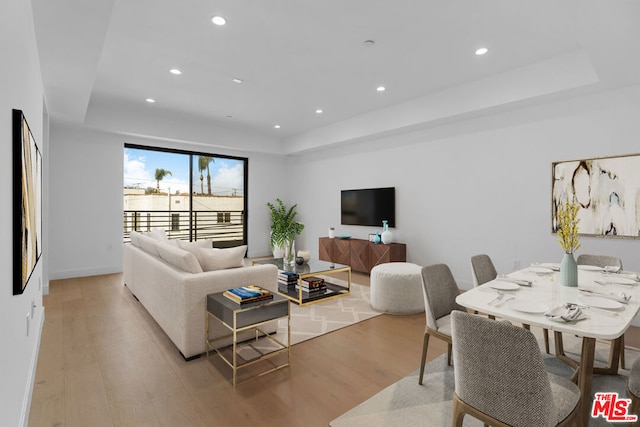 living room featuring light hardwood / wood-style floors and a tray ceiling