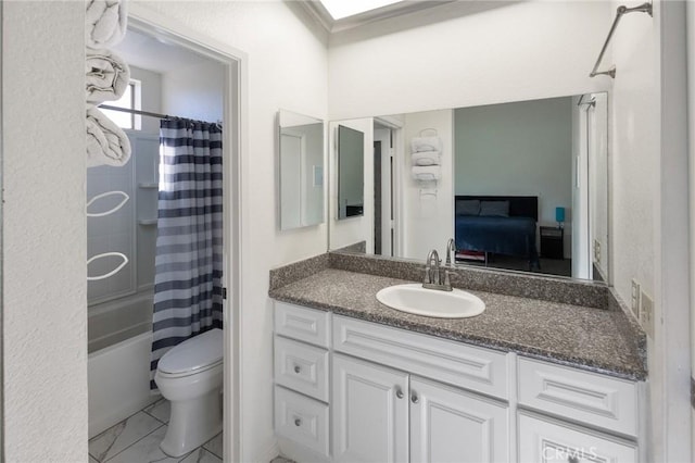 full bathroom with vanity, toilet, and shower / bathtub combination with curtain