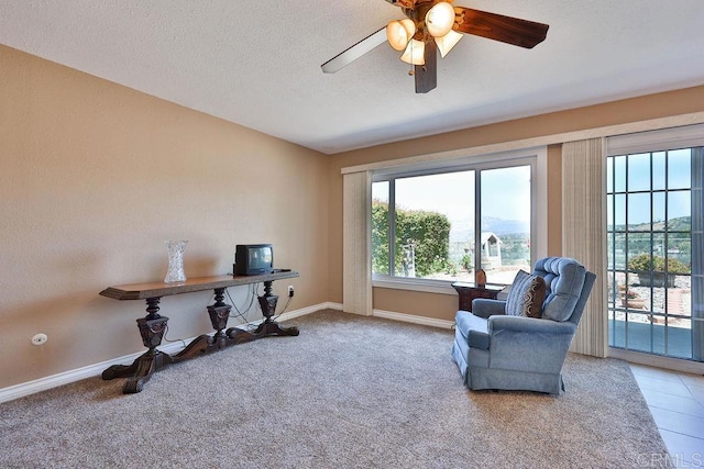 living area with ceiling fan, carpet, and a textured ceiling