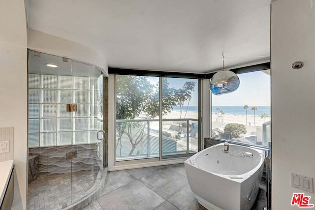 bathroom featuring a water view, a beach view, expansive windows, and a washtub