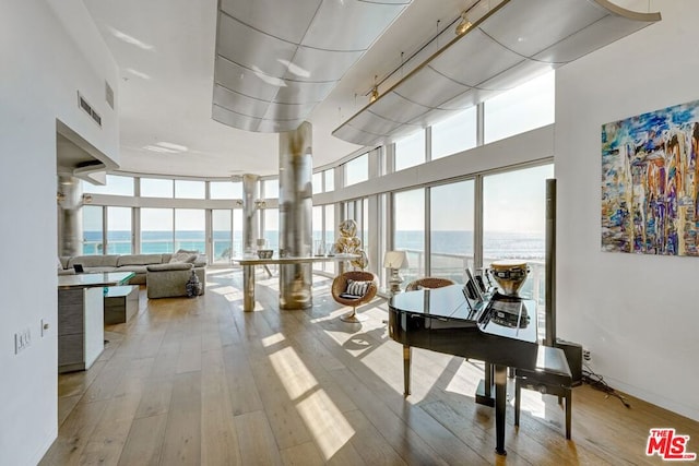 miscellaneous room with a water view, expansive windows, and light hardwood / wood-style floors