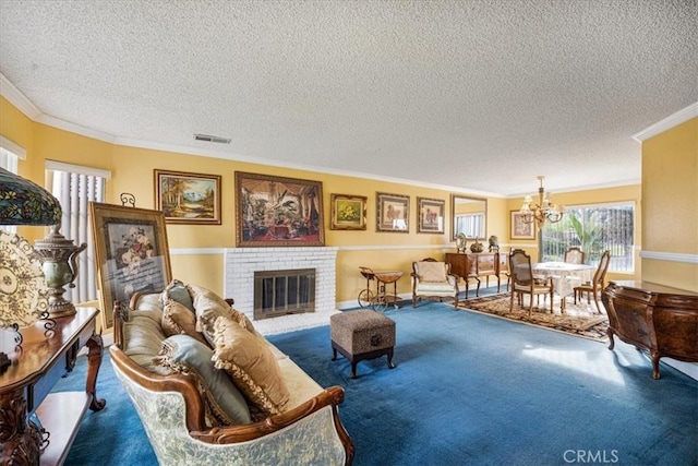 living area with a wealth of natural light, visible vents, carpet floors, and a brick fireplace