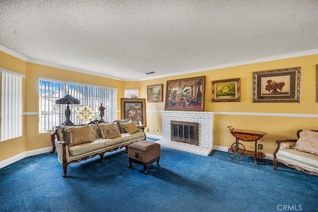 carpeted living room with baseboards, a textured ceiling, a brick fireplace, and crown molding