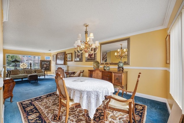 dining area featuring baseboards, carpet, a chandelier, and ornamental molding