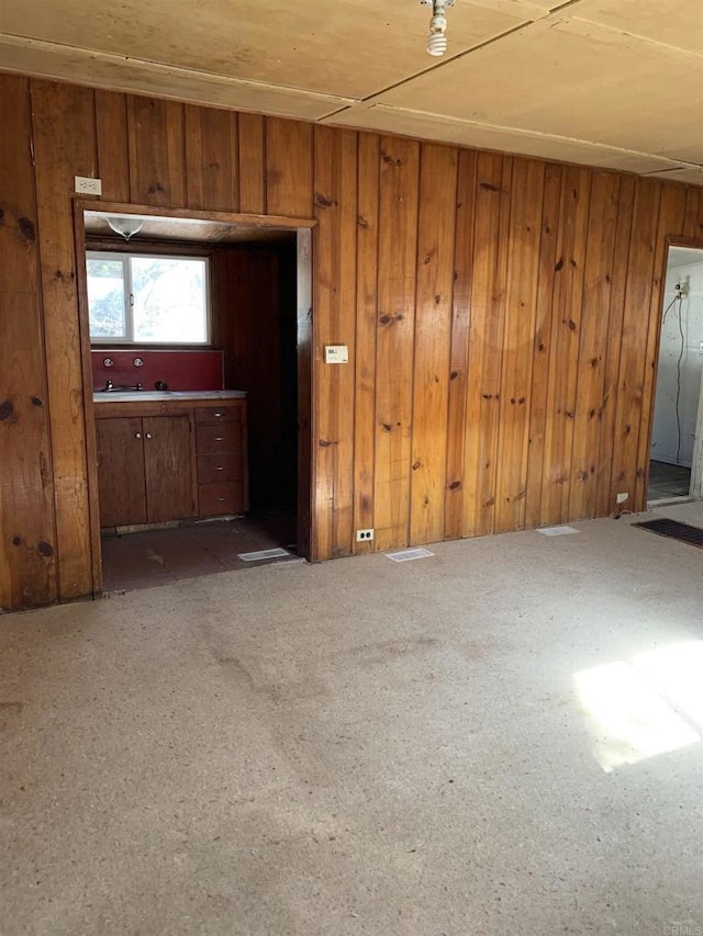 spare room featuring carpet floors and wood walls