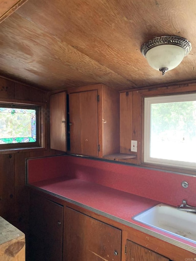 kitchen featuring wooden ceiling, vaulted ceiling, sink, and wooden walls