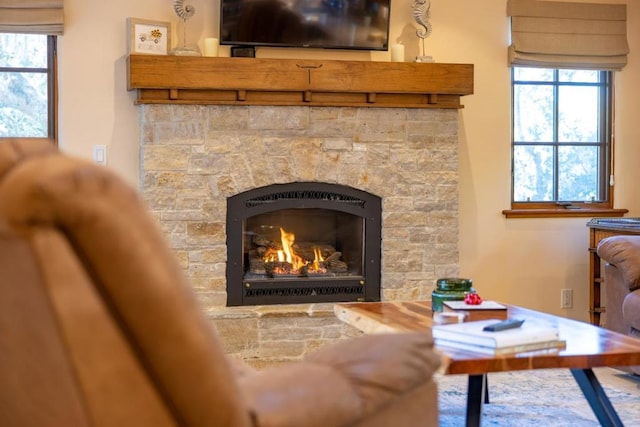 details with a stone fireplace