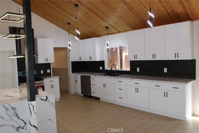 kitchen with hanging light fixtures, dishwasher, wood ceiling, and white cabinetry