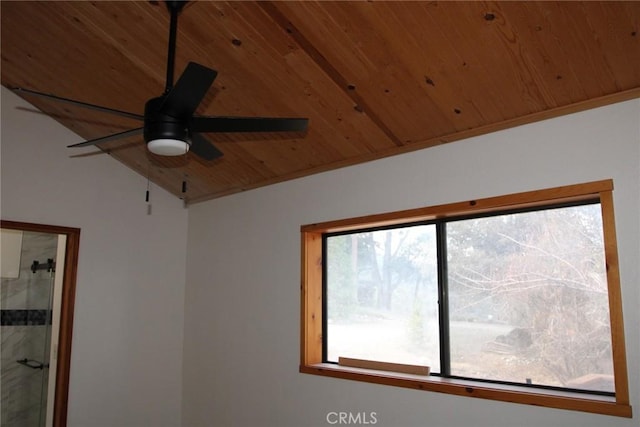 details with ceiling fan and wood ceiling