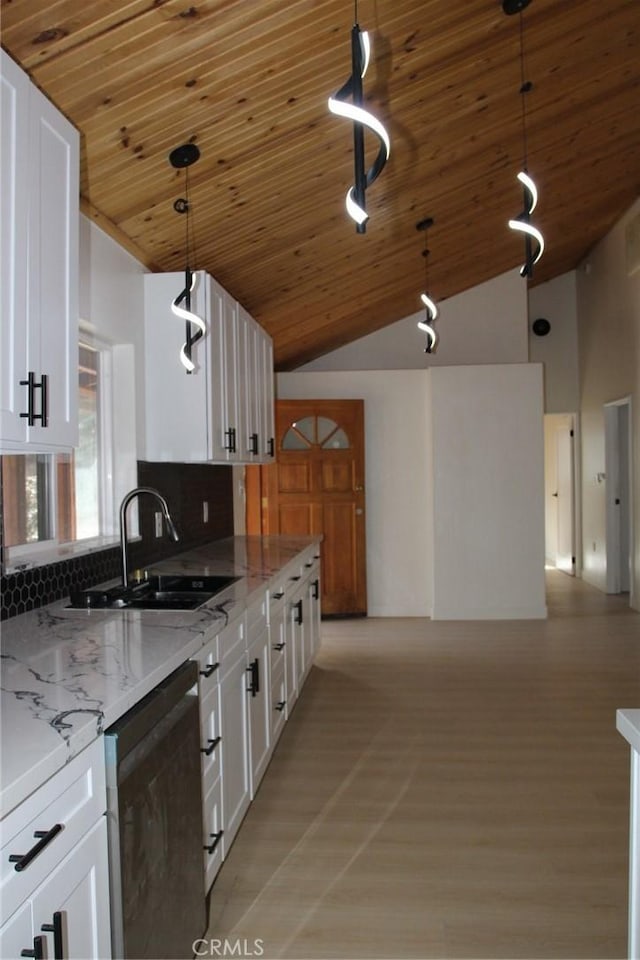 kitchen with wooden ceiling, pendant lighting, and white cabinets