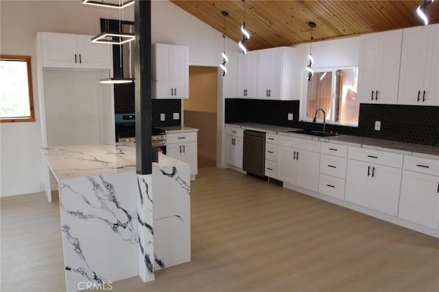 kitchen featuring decorative light fixtures, vaulted ceiling, white cabinetry, light wood-type flooring, and wood ceiling