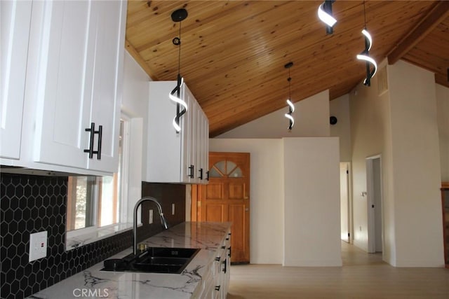 kitchen featuring sink, pendant lighting, white cabinets, and wood ceiling