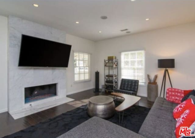 living room featuring dark hardwood / wood-style flooring and a premium fireplace