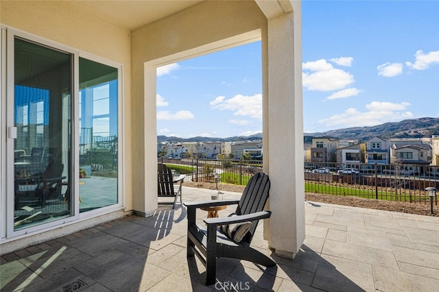 view of patio with a mountain view