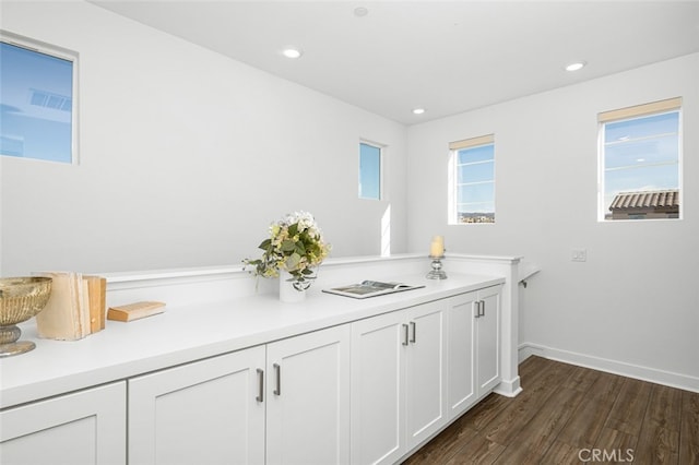 interior space featuring dark hardwood / wood-style floors and white cabinets