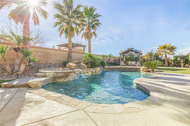 view of swimming pool featuring a gazebo, pool water feature, and a patio