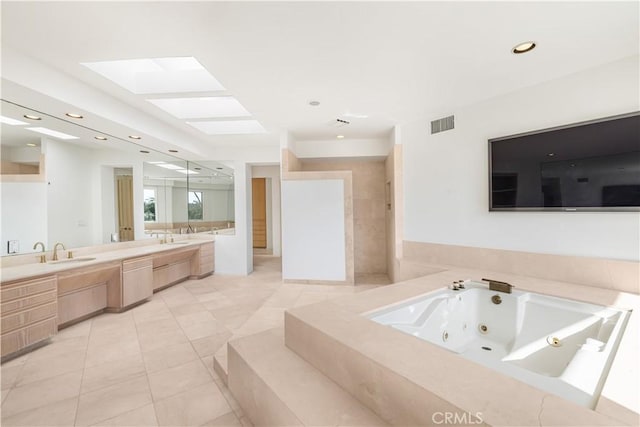 full bath with recessed lighting, visible vents, vanity, tile patterned flooring, and a tub with jets