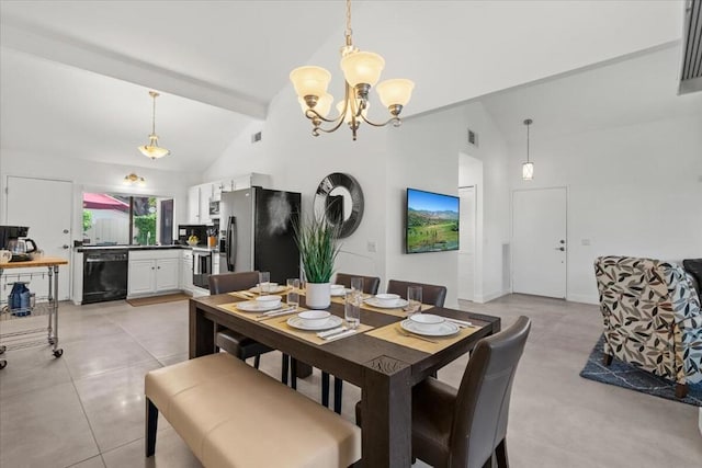 dining space featuring high vaulted ceiling, beamed ceiling, and a chandelier