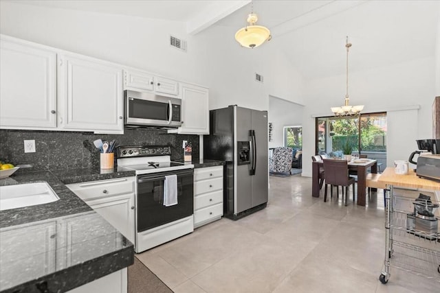 kitchen featuring appliances with stainless steel finishes, pendant lighting, beam ceiling, and white cabinets