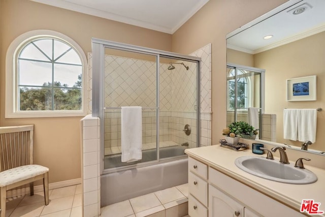 bathroom featuring tile patterned floors, a wealth of natural light, ornamental molding, and shower / bath combination with glass door