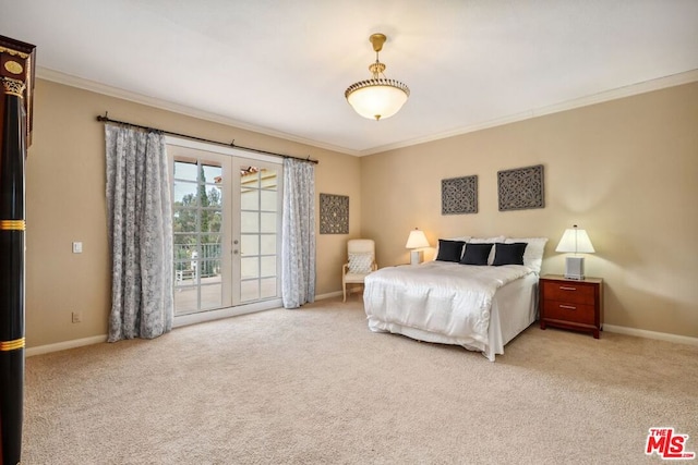 carpeted bedroom with ornamental molding, access to outside, and french doors