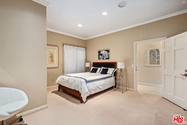 bedroom with light colored carpet and ornamental molding