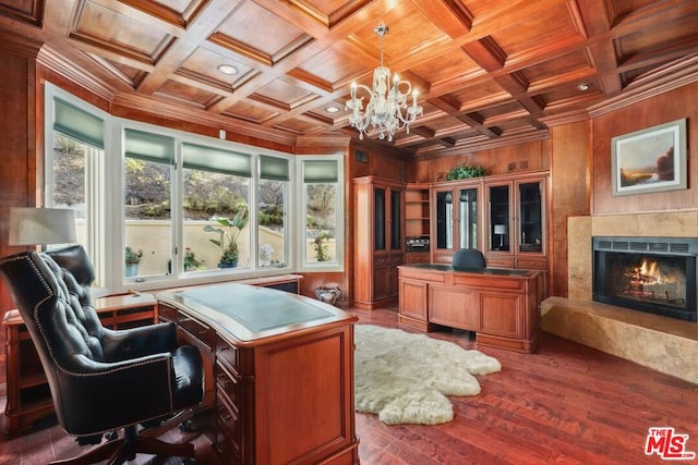 home office with crown molding, wood walls, and coffered ceiling