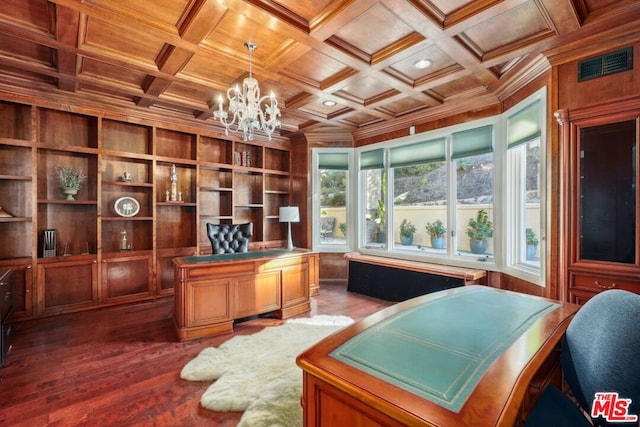 office area with wood ceiling, coffered ceiling, wooden walls, built in features, and ornamental molding