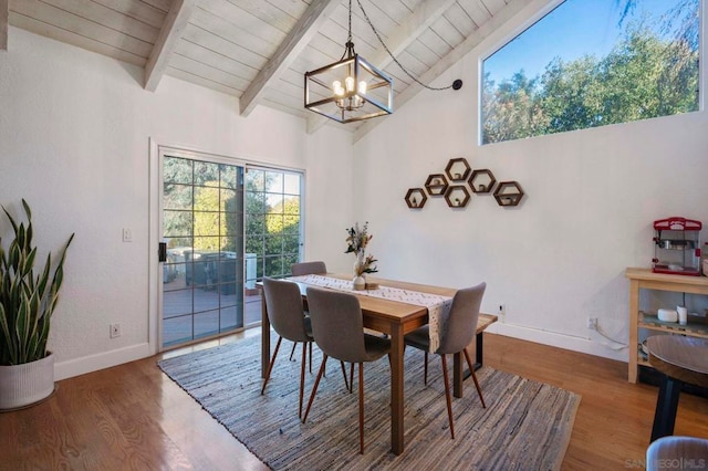 dining room featuring hardwood / wood-style flooring, a notable chandelier, and vaulted ceiling with beams