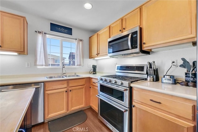 kitchen featuring dark hardwood / wood-style flooring, appliances with stainless steel finishes, light brown cabinets, and sink