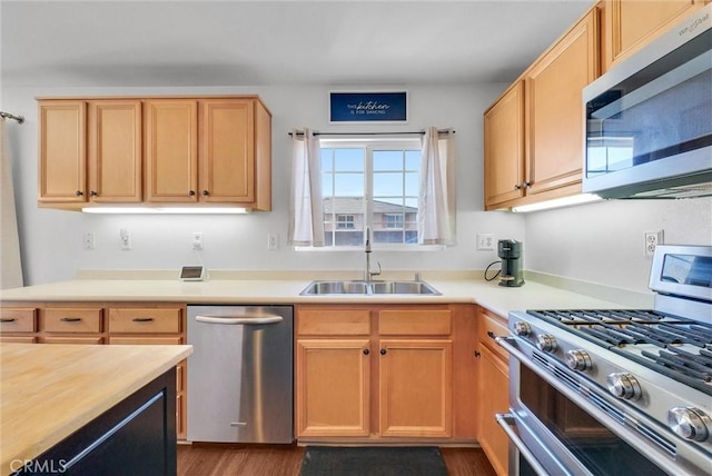 kitchen with dark hardwood / wood-style flooring, stainless steel appliances, light brown cabinets, and sink