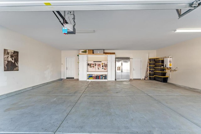 garage featuring a garage door opener and tankless water heater