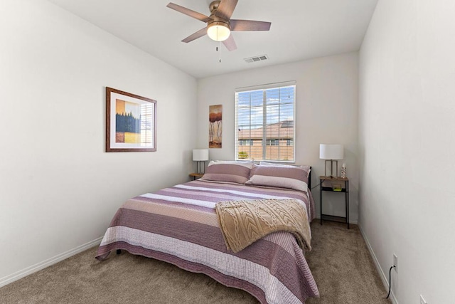 bedroom with ceiling fan and carpet