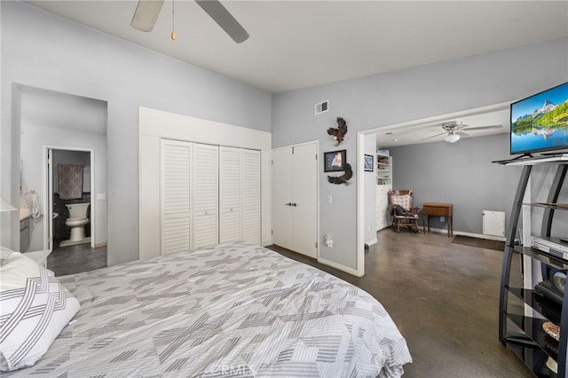 bedroom with concrete flooring, ensuite bathroom, lofted ceiling, ceiling fan, and a closet