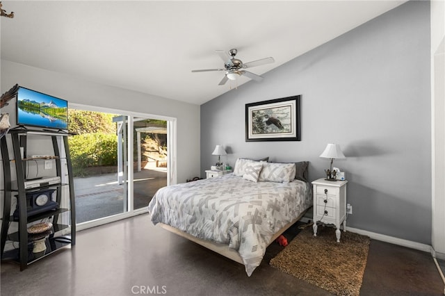 bedroom with ceiling fan, vaulted ceiling, concrete floors, and access to outside